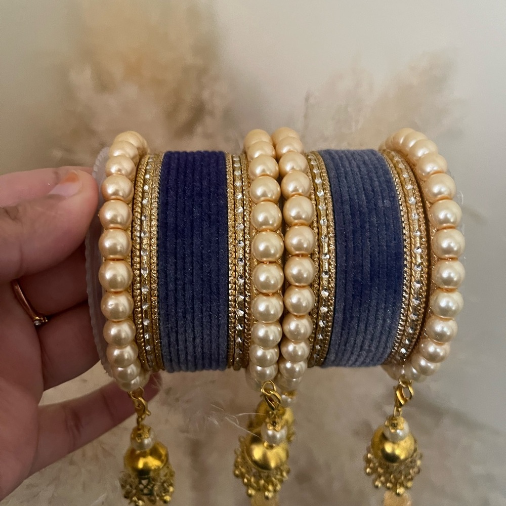 Elegant Gold and Blue Pearl Bangles
